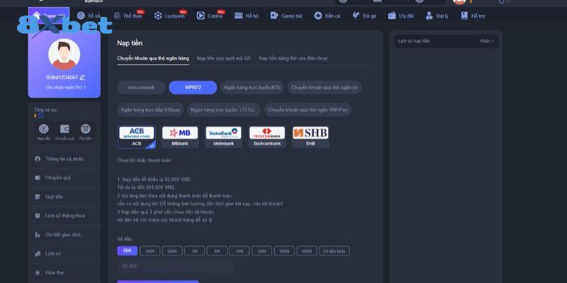 Nạp tiền 8XBET bằng phương thức ngân hàng 